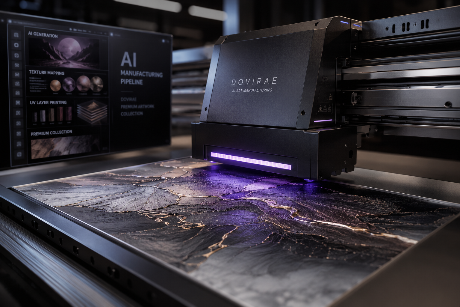 AI manufacturing pipeline with UV layered printing process
